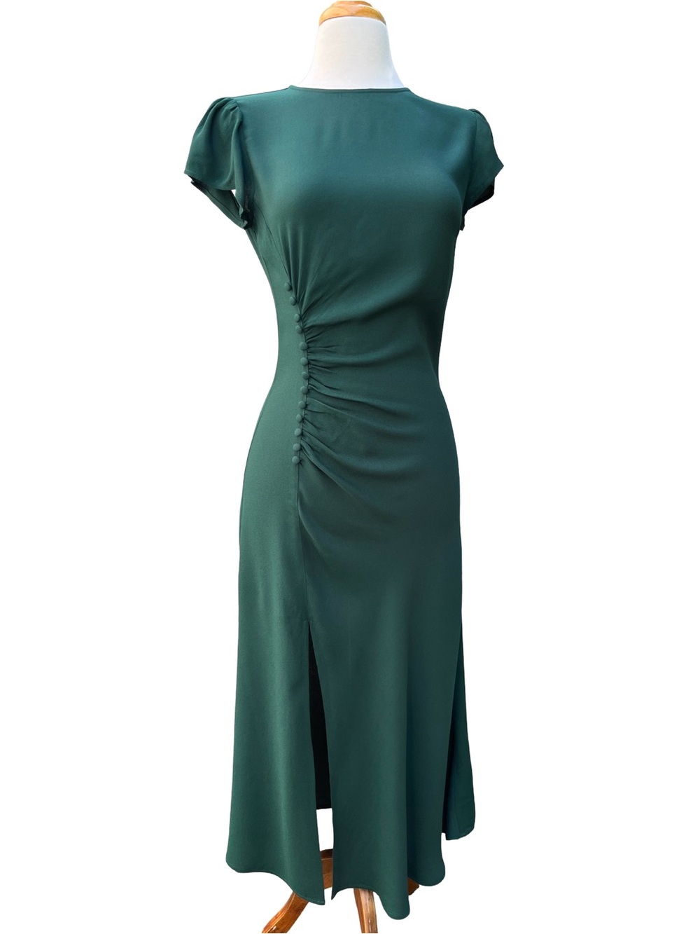 Reformation Fraiser Dress 8 Forest Green Ruched Midi Slit Dress